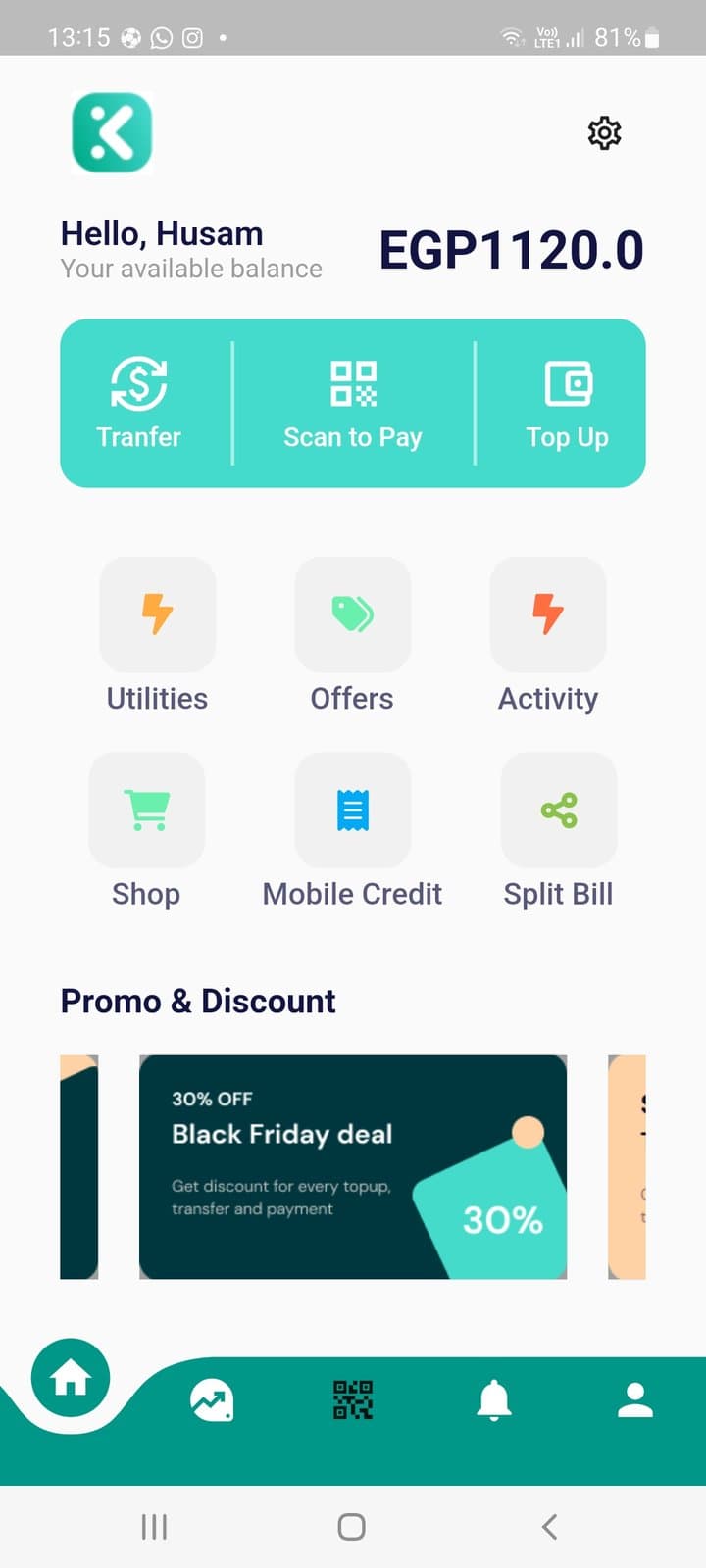 Skip home dashboard with available balance, Transfer, Scan to Pay, Top Up, Utilities, Offers, Activity, Shop, Mobile Credit, Split Bill